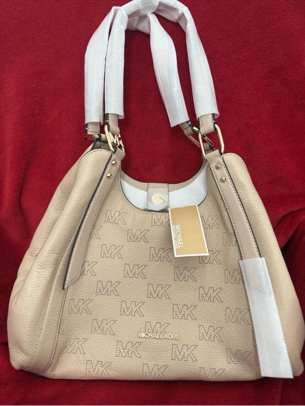 Michael Kors Taupe MK-Print Pebbled Leather Shoulder Bag